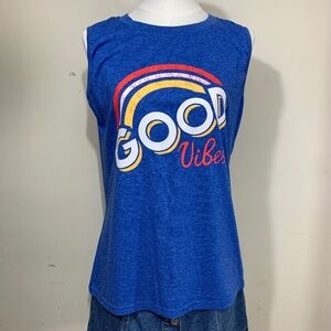 Unbranded Good Vibes‎ Graphic Tank Top Womens Small Blue Rainbow Muscle Tee